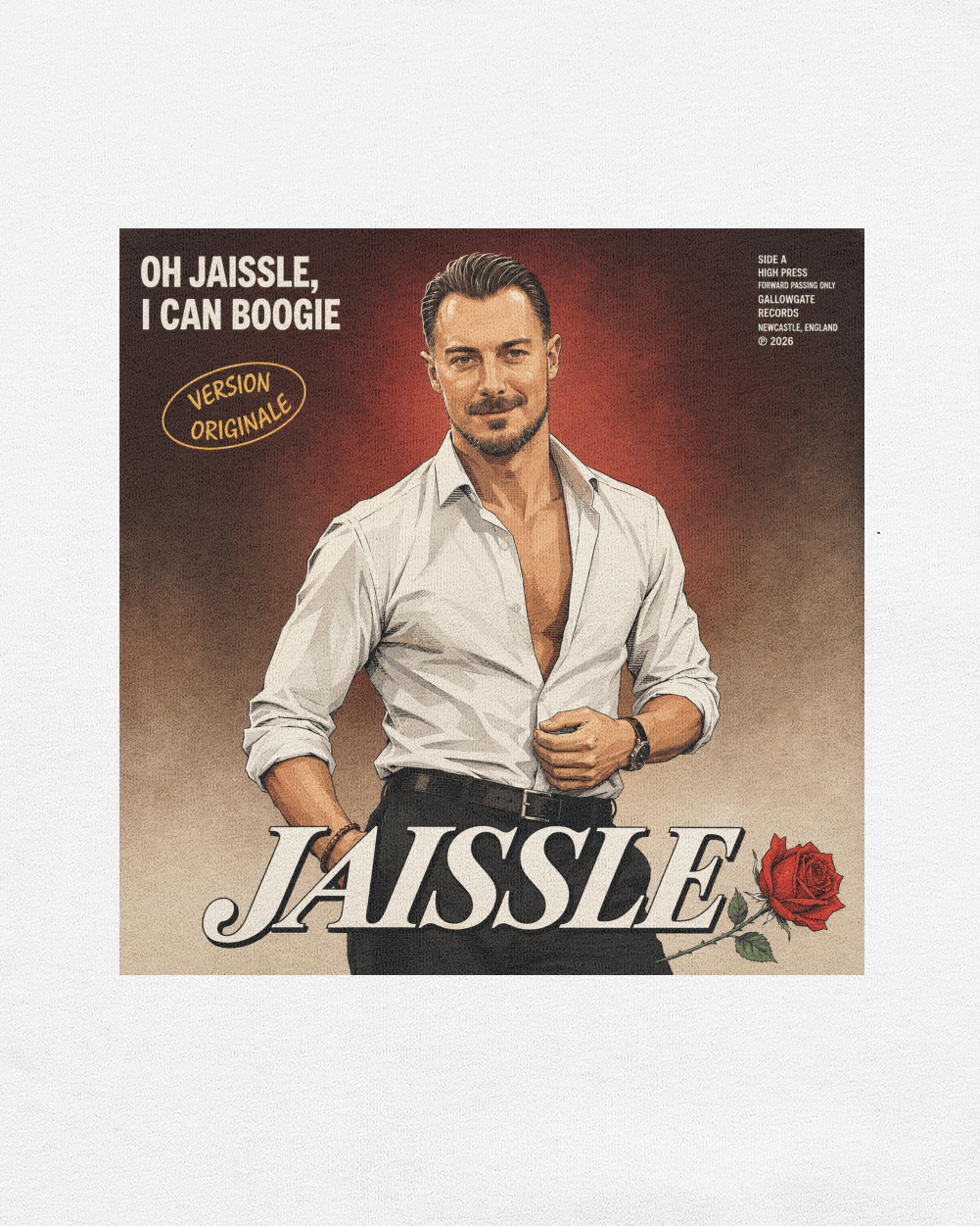 A white short-sleeve crewneck t-shirt featuring a rectangular graphic print on the chest. The graphic shows a portrait of a man in a white shirt with the text 'JAISSE' and '10 JAMES J.