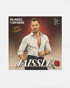 A white short-sleeve crewneck t-shirt featuring a rectangular graphic print on the chest. The graphic shows a portrait of a man in a white shirt with the text 'JAISSE' and '10 JAMES J.